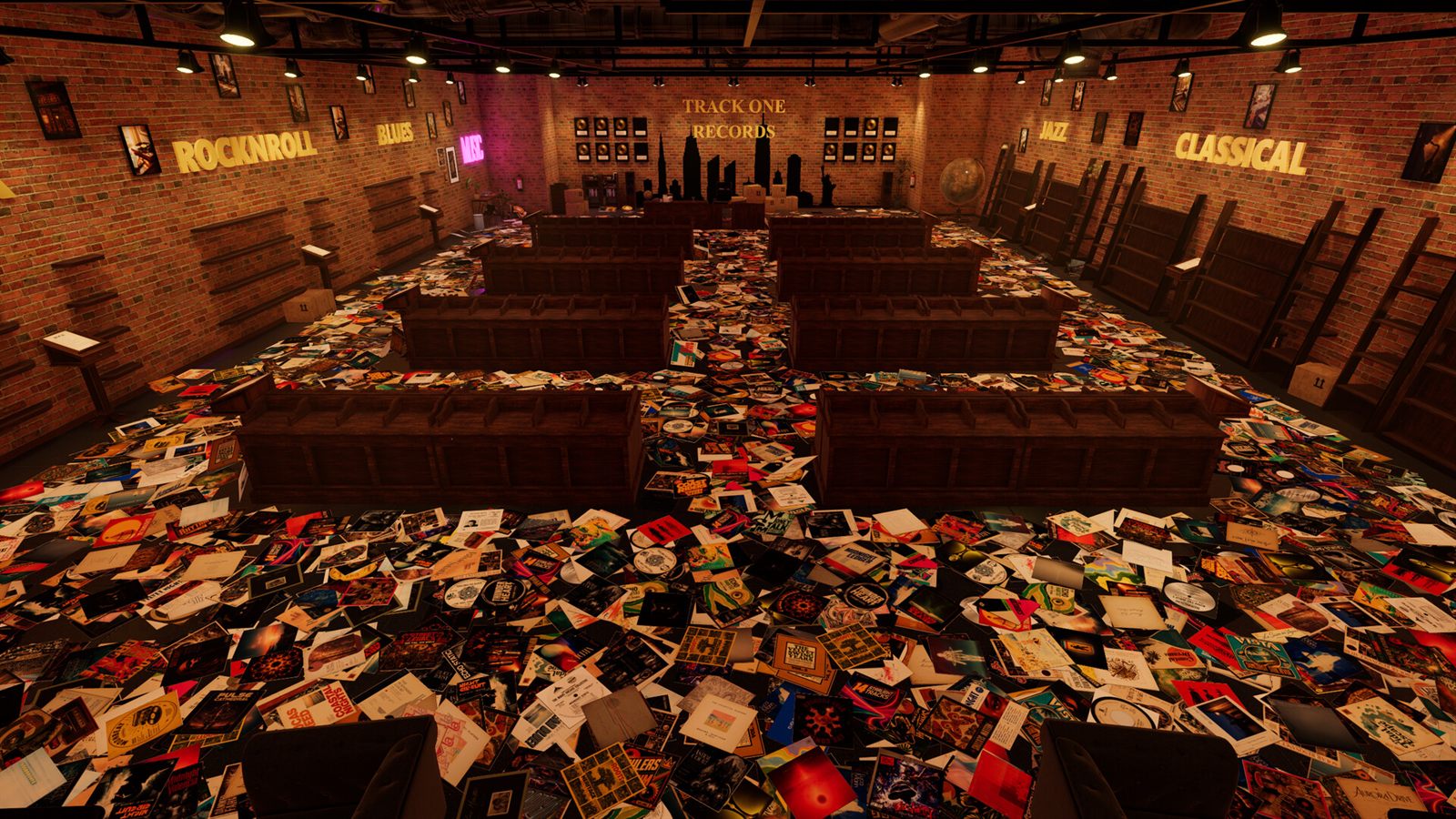 The shop before sorting, records on the floor