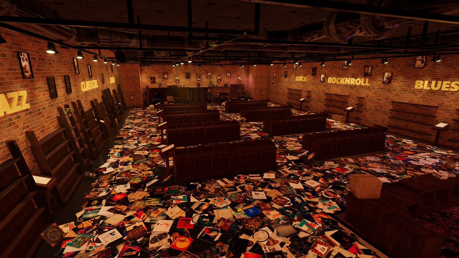 Records scattered across the floor