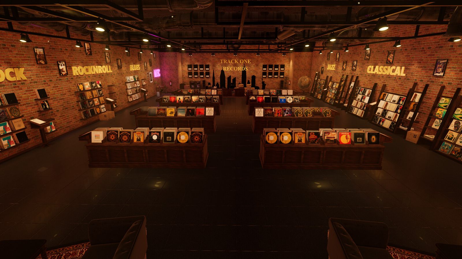 Overview of the record shop, shelves sorted by genre