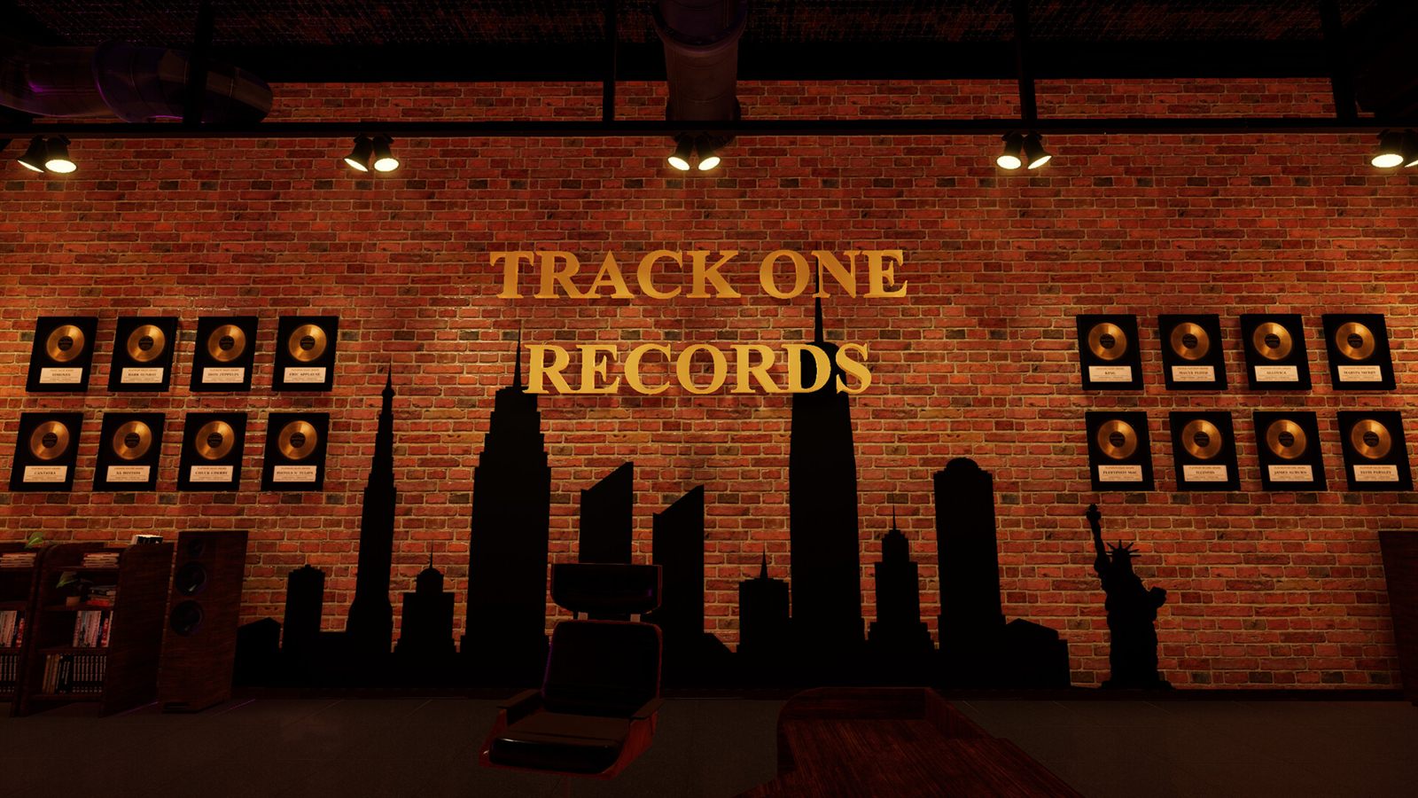 Track One Records wall with golden records